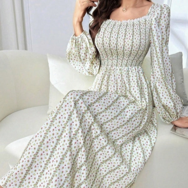 Ladies' Lantern Sleeve Pleated Lace Striped Floral Print Long Dress - ZEYTONCART