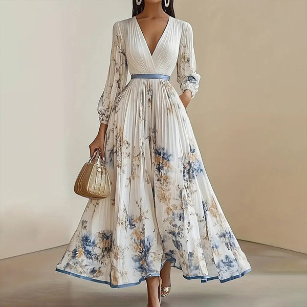 Women's Floral Print V-Neck Long Sleeve Maxi Dress A-Line Flowy Ruffled For Spring&Summer Vacation & Evening Party - ZEYTONCART