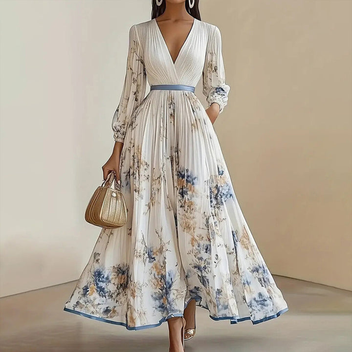Women's Floral Print V-Neck Long Sleeve Maxi Dress A-Line Flowy Ruffled For Spring&Summer Vacation & Evening Party - ZEYTONCART
