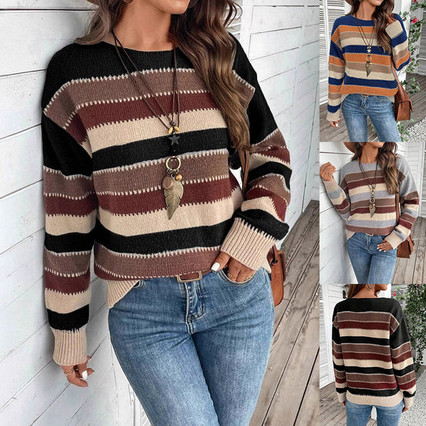 Ins Colorblock Striped Pullover Sweater Fashion Casual Long Sleeve Top Autumn And Winter Women's Clothing - ZEYTONCART