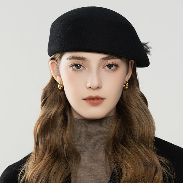 Autumn And Winter Retro Style Feather Decorative Wool Beret - ZEYTONCART