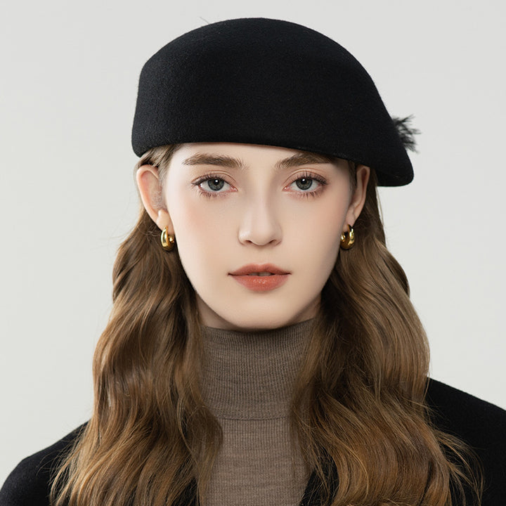 Autumn And Winter Retro Style Feather Decorative Wool Beret - ZEYTONCART