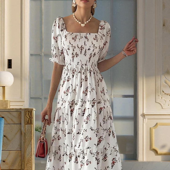 Women's Square Neck Short Sleeve A-Line Floral Print Dress Ruffled Sleeves Bust Smocked Elastic Boho Summer Vacation Dress - ZEYTONCART