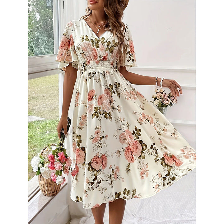 Women's Floral Boho Summer Midi Dress Ruffle Short Sleeve V Neck Empire Waist Flowy Dress - ZEYTONCART