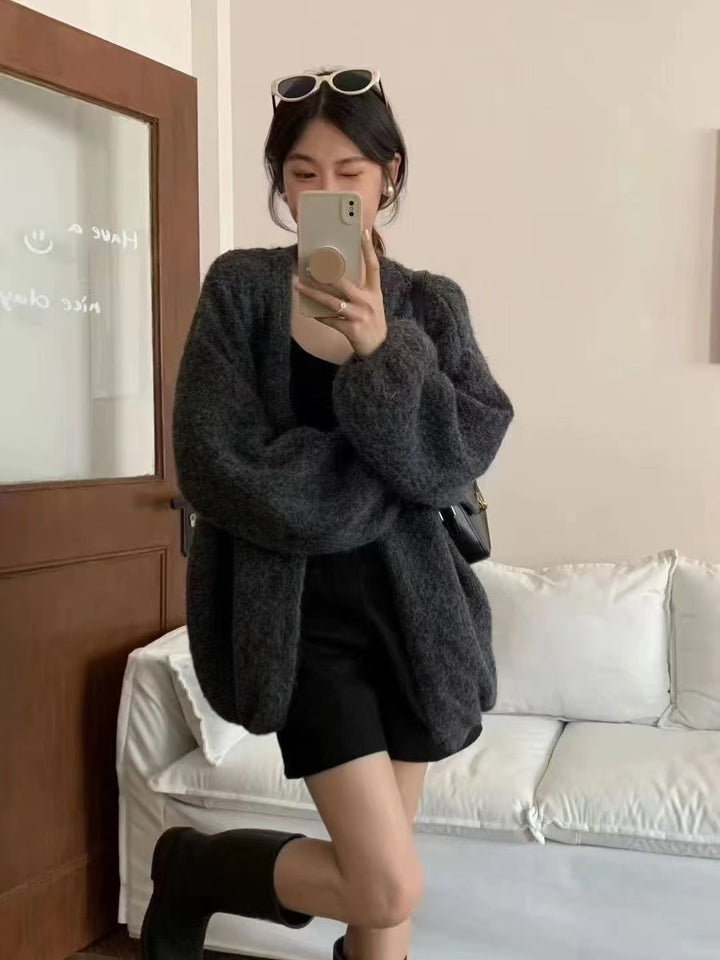 Autumn And Winter Loose Alpaca Fleecefiber Knitted Cardigan - ZEYTONCART