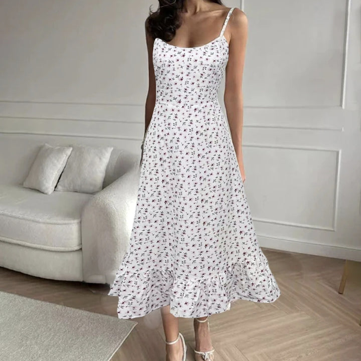 Ladies' Shallow V-neck Vacation Casual Small Floral Print Suspender Dress - ZEYTONCART
