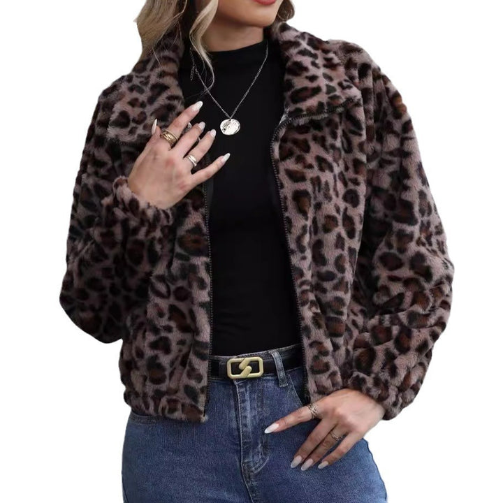 Women's Autumn And Winter Loose Long-sleeve Zipper Leopard Print Plush Coat - ZEYTONCART