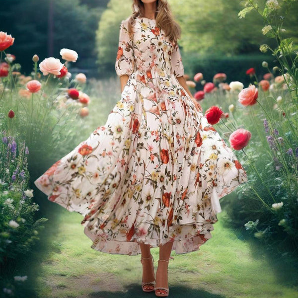 Women's Elegant Floral Print Boho Dress - Round Neck Half Sleeves Flowy Maxi Dress - ZEYTONCART