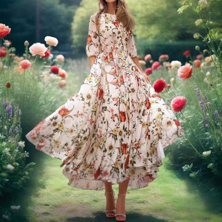 Women's Elegant Floral Print Boho Dress - Round Neck Half Sleeves Flowy Maxi Dress - ZEYTONCART