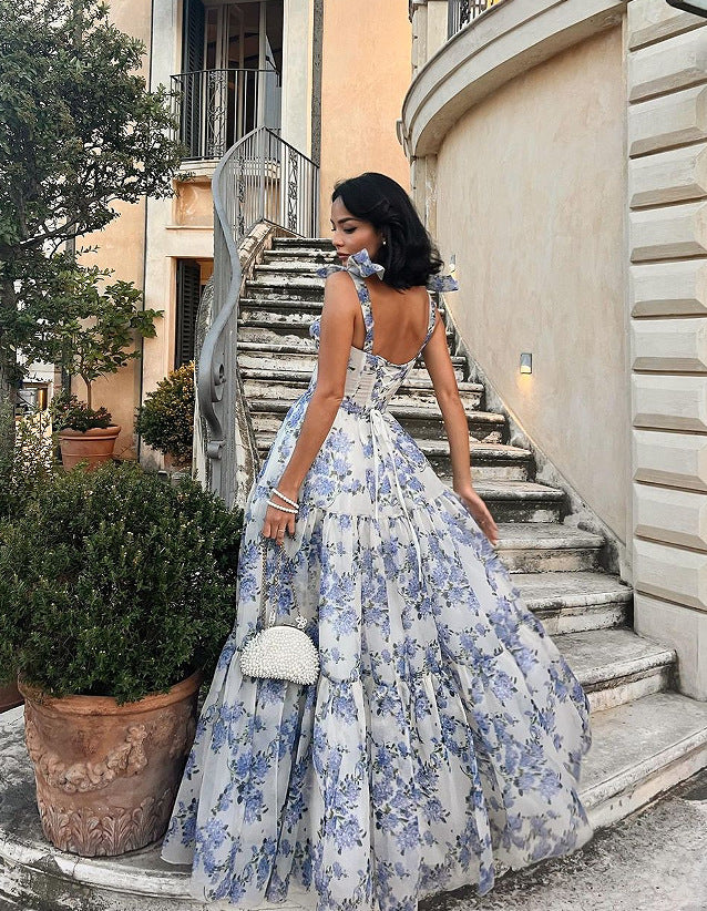 Floral Off-the-shoulder Strap Lace-up Large Swing Skirt Organza Dress - ZEYTONCART