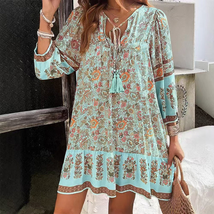 Women's Elegant V-Neck Fringe Bow Floral Print Dress Long Sleeve Comfortable Spring&Summer Dress - ZEYTONCART