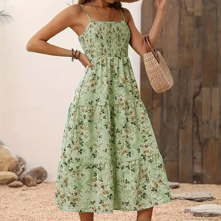 Womens Summer Floral Midi Dress Smocked Spaghetti Strap Sleeveless Tiered Casual Flowy Dresses - ZEYTONCART