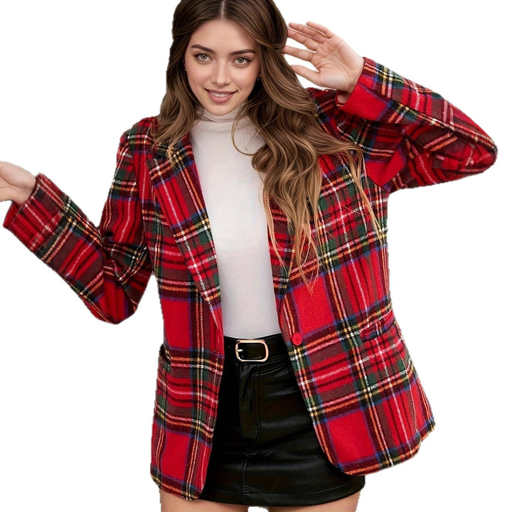 Autumn And Winter Christmas Red Plaid Long Sleeve Suit Coat - ZEYTONCART