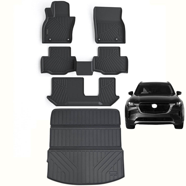 Floor Mats & Large Cargo Liners Compatible For 2024 Mazda Cx-90 TPE All Weather 3 Row Floor Liners And Trunk Mat Mats Accessories-Black.-Only Fit 6 & 7 & 8 Seats - ZEYTONCART