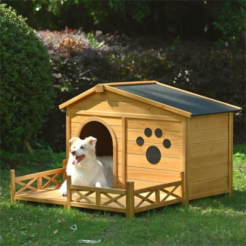 48 Wooden Dog House Outdoor With Porch, Dog Kennel With Water-Resistant Asphalt Roof And Fencing,Indoor & Outdoor Dog Crate With Paw Print, Medium, Nature - ZEYTONCART