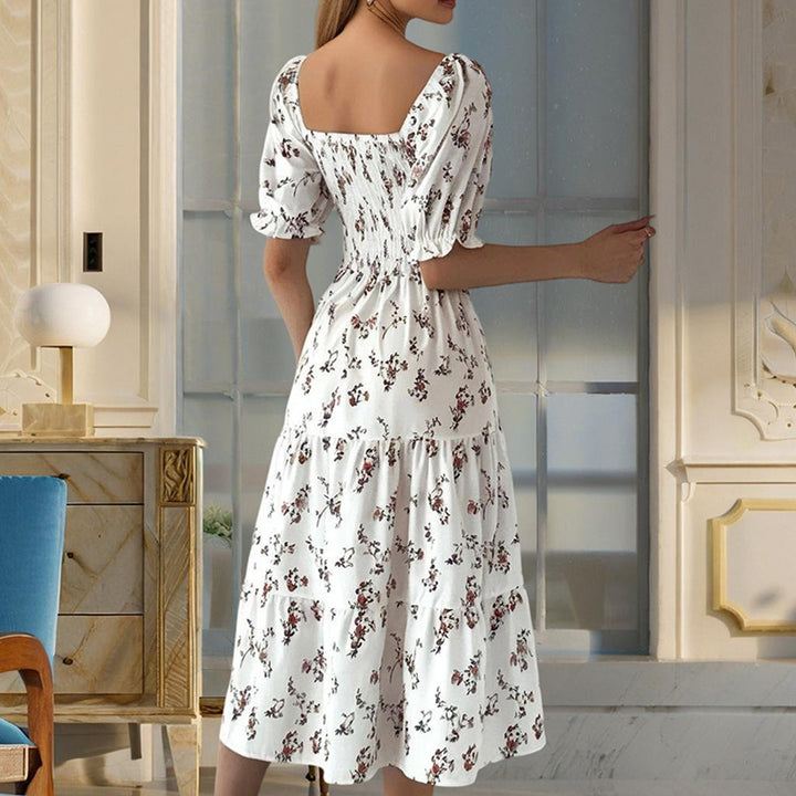 Women's Square Neck Short Sleeve A-Line Floral Print Dress Ruffled Sleeves Bust Smocked Elastic Boho Summer Vacation Dress - ZEYTONCART