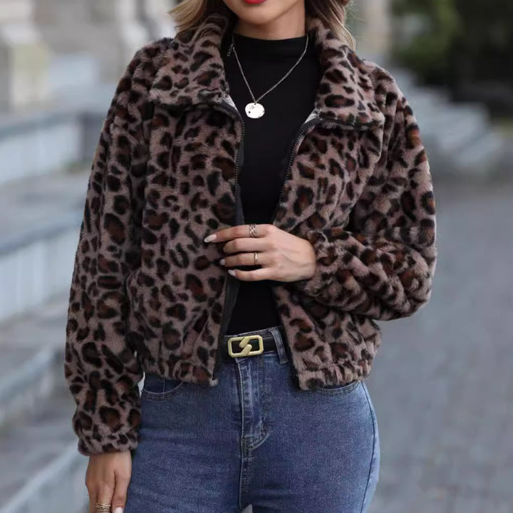 Women's Autumn And Winter Loose Long-sleeve Zipper Leopard Print Plush Coat - ZEYTONCART