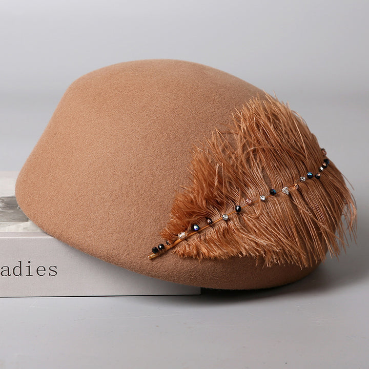 Autumn And Winter Retro Style Feather Decorative Wool Beret - ZEYTONCART
