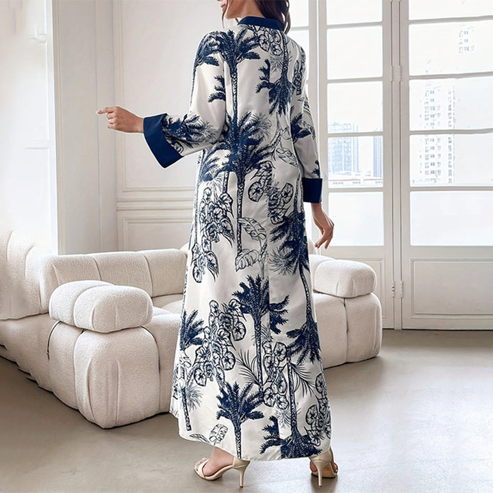Women's Plus Size Elegant Floral Ink Painting Casual Tunic Dress Notched V Neck Long Sleeve Maxi Dress - ZEYTONCART