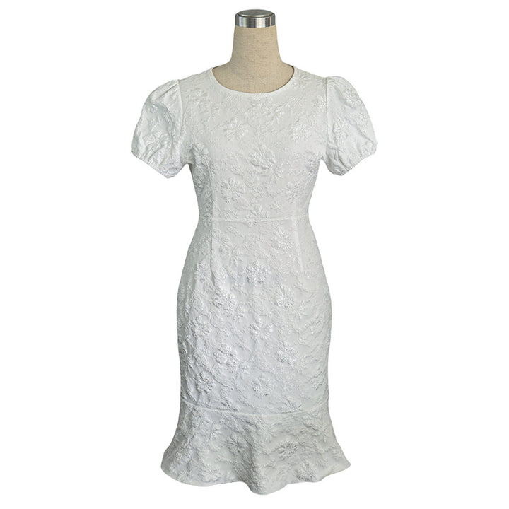 Women's Floral Jacquard Dress Women's Short Puff Sleeve Crew Neck Ruffle Hem Bodycon Dresses - ZEYTONCART