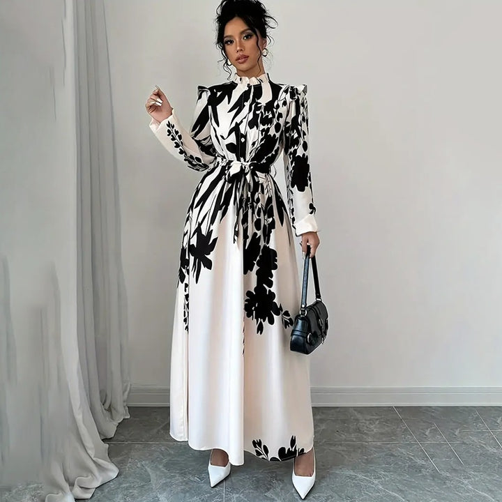 Women's Floral Print Long Sleeve Maxi Dress - Stand Collar A-Line Dress With Waist Detail, Lantern Sleeves & Ruffle Hem For Spring&Fall - ZEYTONCART