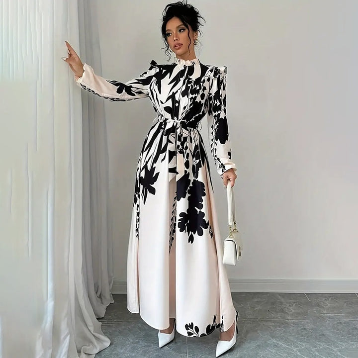 Women's Floral Print Long Sleeve Maxi Dress - Stand Collar A-Line Dress With Waist Detail, Lantern Sleeves & Ruffle Hem For Spring&Fall - ZEYTONCART