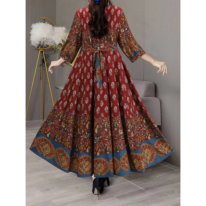 Women's Bohemian 3 4 Sleeve Floral Swing Dress Ethnic Embroidery Notched Neck Big Swing Dress - ZEYTONCART