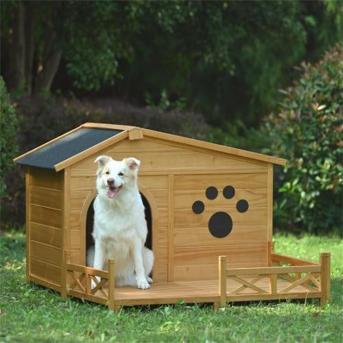 48 Wooden Dog House Outdoor With Porch, Dog Kennel With Water-Resistant Asphalt Roof And Fencing,Indoor & Outdoor Dog Crate With Paw Print, Medium, Nature - ZEYTONCART