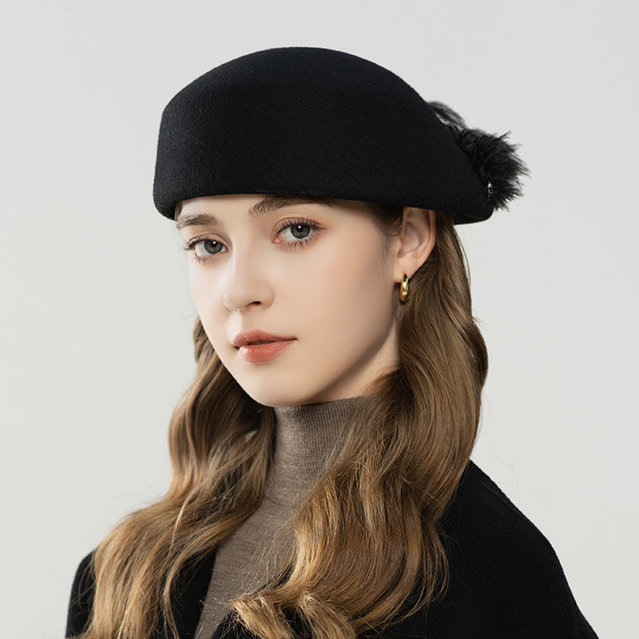 Autumn And Winter Retro Style Feather Decorative Wool Beret - ZEYTONCART