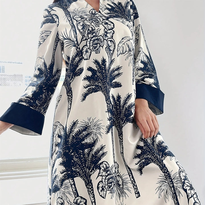 Women's Plus Size Elegant Floral Ink Painting Casual Tunic Dress Notched V Neck Long Sleeve Maxi Dress - ZEYTONCART