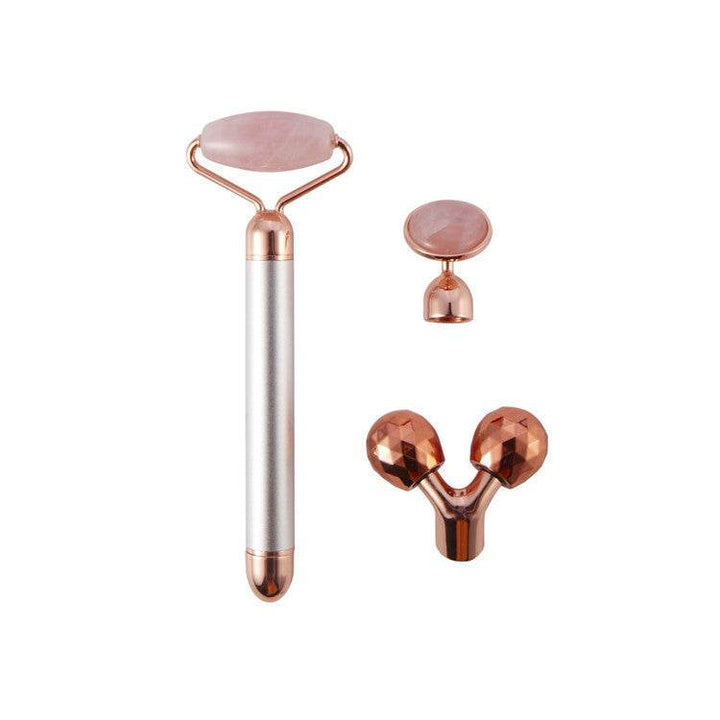 3 In 1 Vibrating Facial Jade Roller Set Rose Quartz Jade Roller Stone With 3 Replaceable Heads Face Slimming Lifting Massager - ZEYTONCART