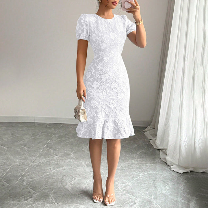 Women's Floral Jacquard Dress Women's Short Puff Sleeve Crew Neck Ruffle Hem Bodycon Dresses - ZEYTONCART
