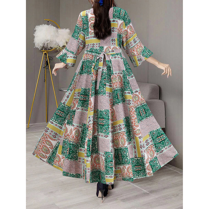 Women's Boho Maxi Dress 3 4 Sleeve V Neck Floral Embroidered Elegant A-Line Dress - ZEYTONCART