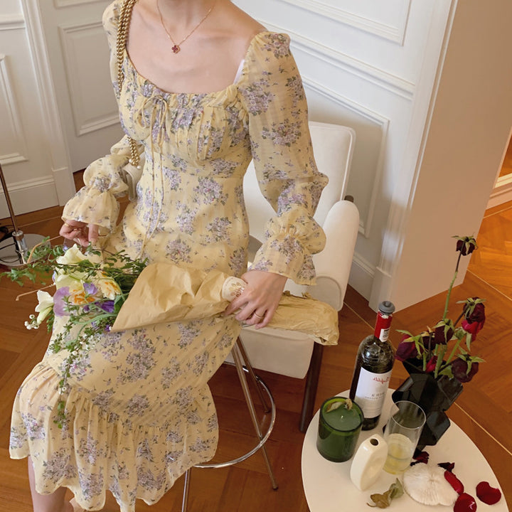 Vintage floral square collar long floral dress - ZEYTONCART