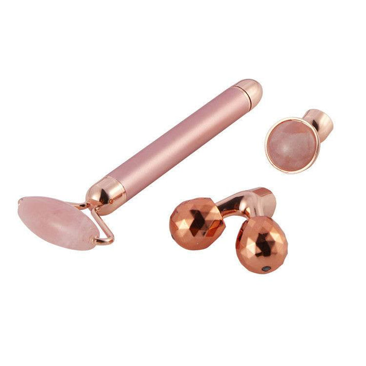 3 In 1 Vibrating Facial Jade Roller Set Rose Quartz Jade Roller Stone With 3 Replaceable Heads Face Slimming Lifting Massager - ZEYTONCART