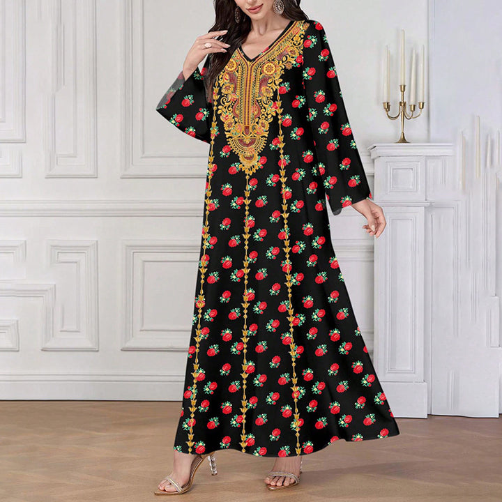 Women's Plus Size Ethnic Maxi Dress - Bohemian Embroidered Floral Print V-Neck Retro Long Dress - ZEYTONCART