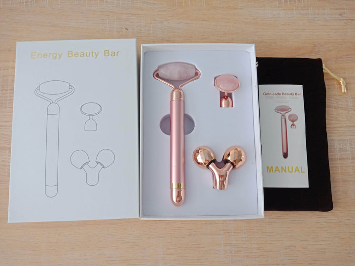 3 In 1 Vibrating Facial Jade Roller Set Rose Quartz Jade Roller Stone With 3 Replaceable Heads Face Slimming Lifting Massager - ZEYTONCART