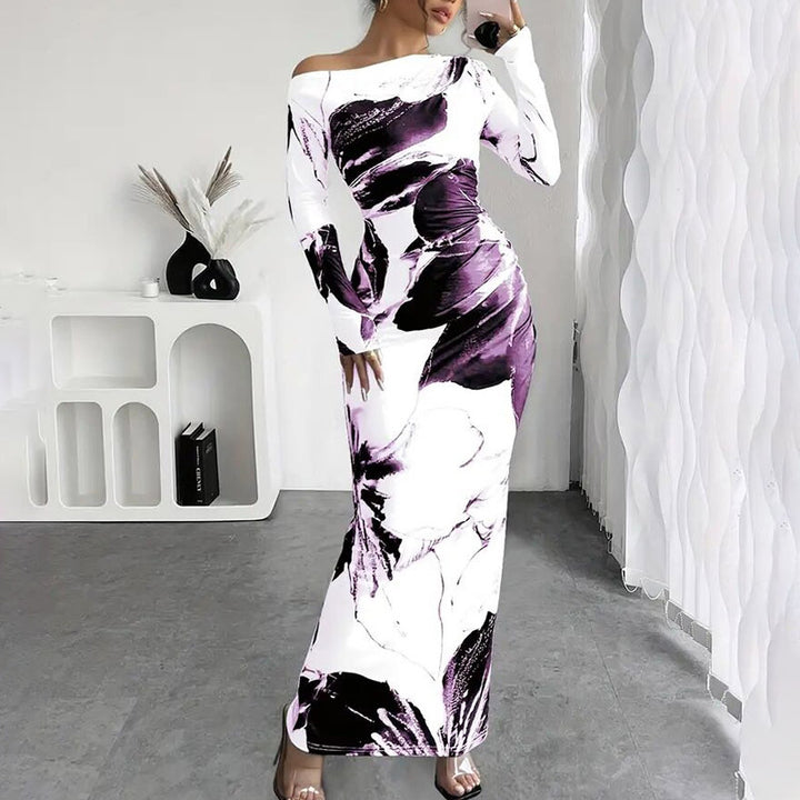 Women's Elegant Off-Shoulder Tie-Dye Floral Bodycon Dress Stretchy Season Party & Casual Dress - ZEYTONCART