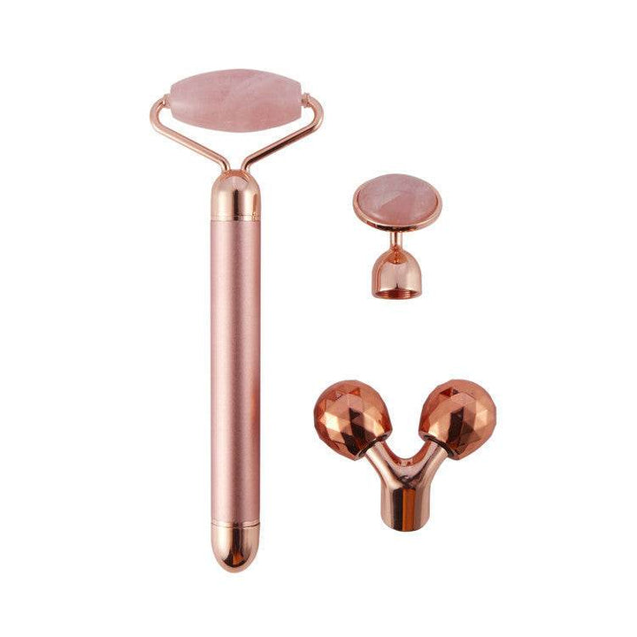 3 In 1 Vibrating Facial Jade Roller Set Rose Quartz Jade Roller Stone With 3 Replaceable Heads Face Slimming Lifting Massager - ZEYTONCART