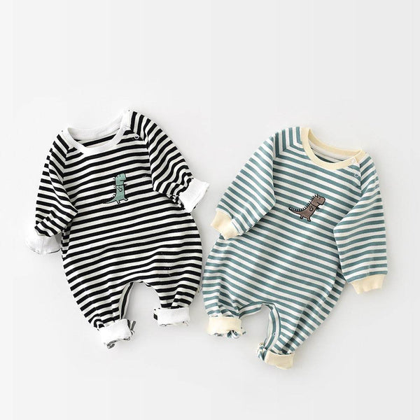 Male And Female Baby Cartoon Striped Dinosaur Embroidery Long-Sleeved Jumpsuit - ZEYTONCART