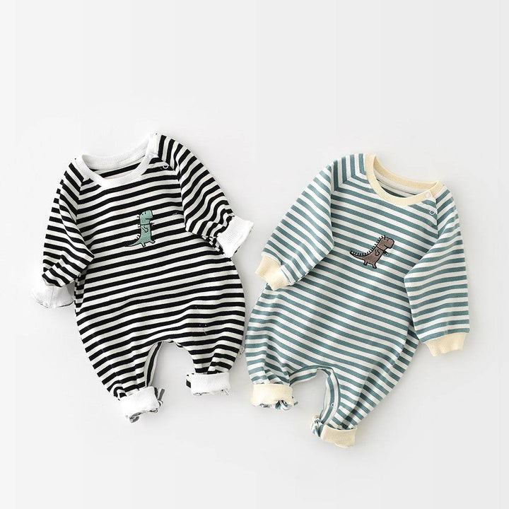 Male And Female Baby Cartoon Striped Dinosaur Embroidery Long-Sleeved Jumpsuit - ZEYTONCART