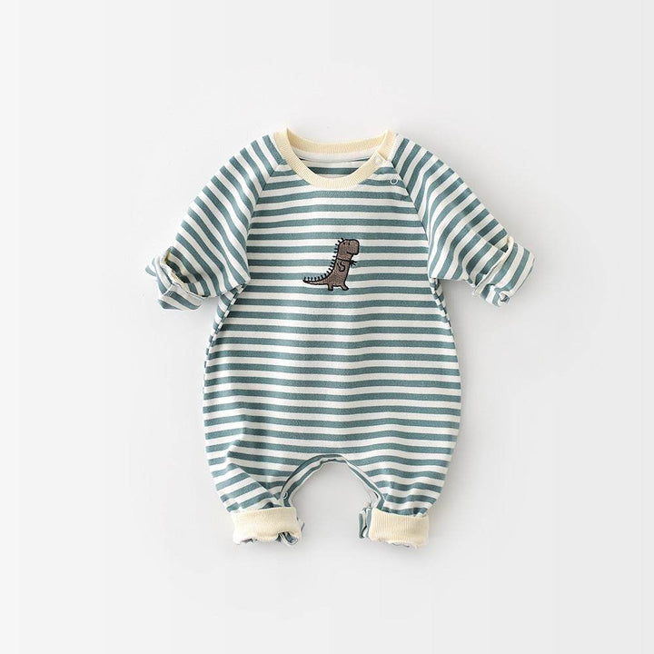 Male And Female Baby Cartoon Striped Dinosaur Embroidery Long-Sleeved Jumpsuit - ZEYTONCART