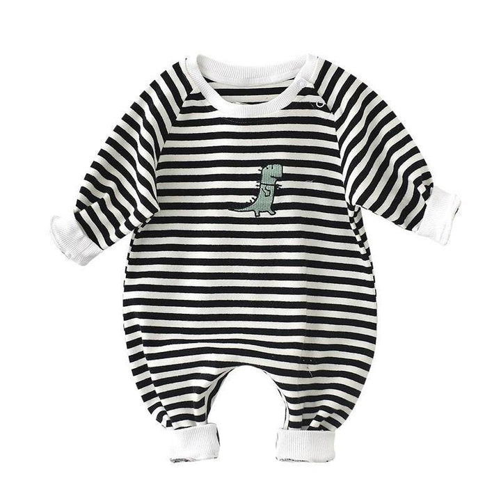 Male And Female Baby Cartoon Striped Dinosaur Embroidery Long-Sleeved Jumpsuit - ZEYTONCART