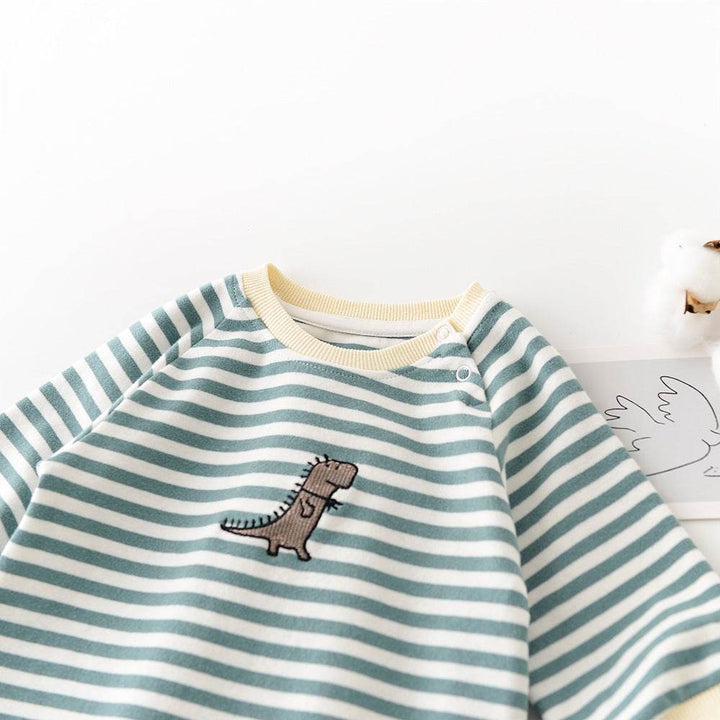 Male And Female Baby Cartoon Striped Dinosaur Embroidery Long-Sleeved Jumpsuit - ZEYTONCART