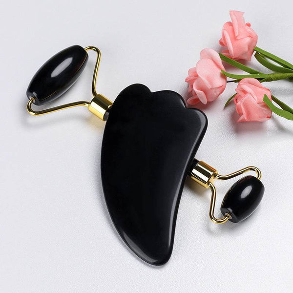 Natural Quartz Scraper Jade Roller Guasha Set Black Genuine - ZEYTONCART