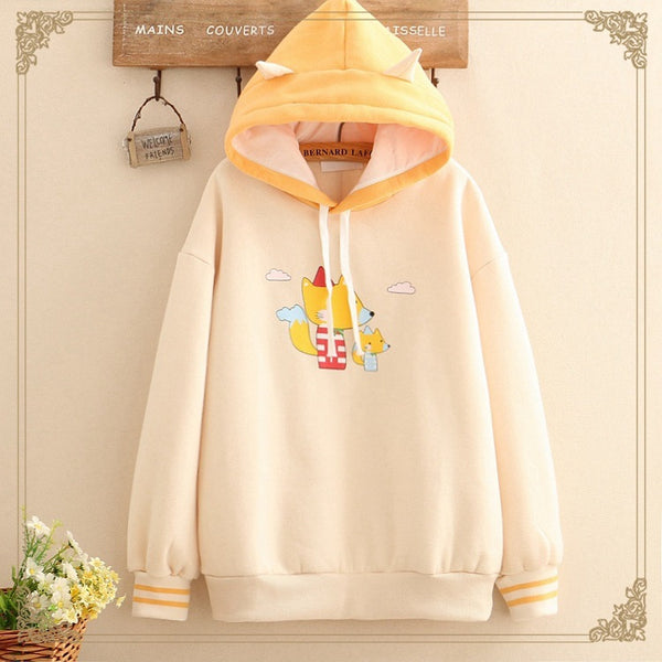 Mori Girl 19 Autumn And Winter Clothes Student Childlike Fox Cloud Color Matching Hooded Plus Velvet Warm Sweater Girl Color Matching Hoodie Outside - ZEYTONCART