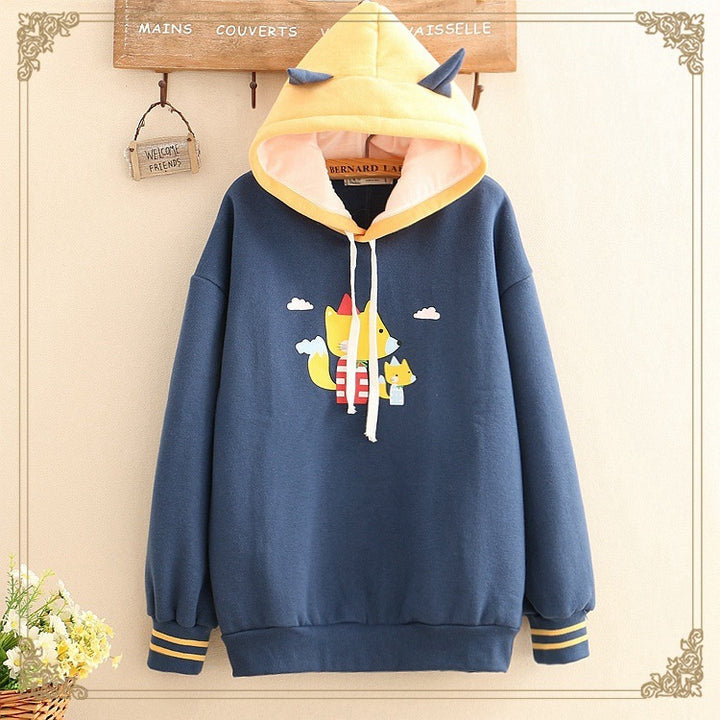 Mori Girl 19 Autumn And Winter Clothes Student Childlike Fox Cloud Color Matching Hooded Plus Velvet Warm Sweater Girl Color Matching Hoodie Outside - ZEYTONCART