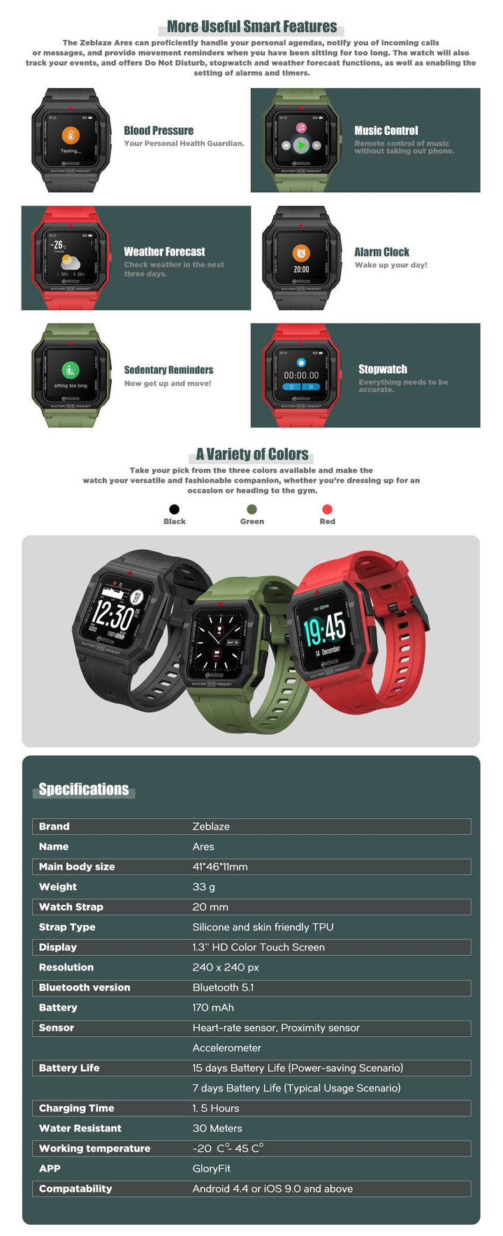 Zeblaze Ares Smart Watch Retro 33g Heart Rate Monitor Blood Pressure Multi-Language Custom Dial Foreign Trade - ZEYTONCART