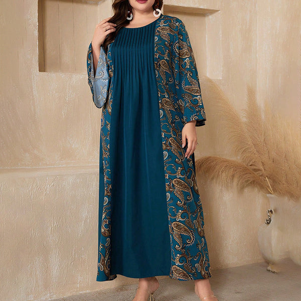 Women's Plus Size Bohemian Floral Printed Maxi Dress, Pleated Front Long Sleeve Crew Neck Loose Fit - ZEYTONCART