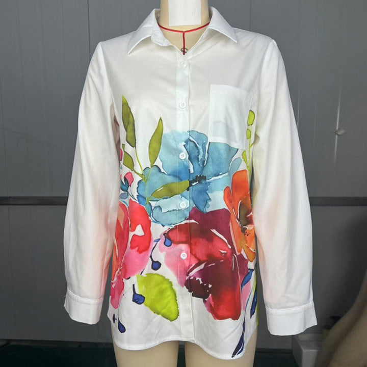 Women's Notch Lapel Long Sleeve Blouse With Colorful Floral Print - Chest Pocket Button-Up Shirt For Spring&Fall - ZEYTONCART